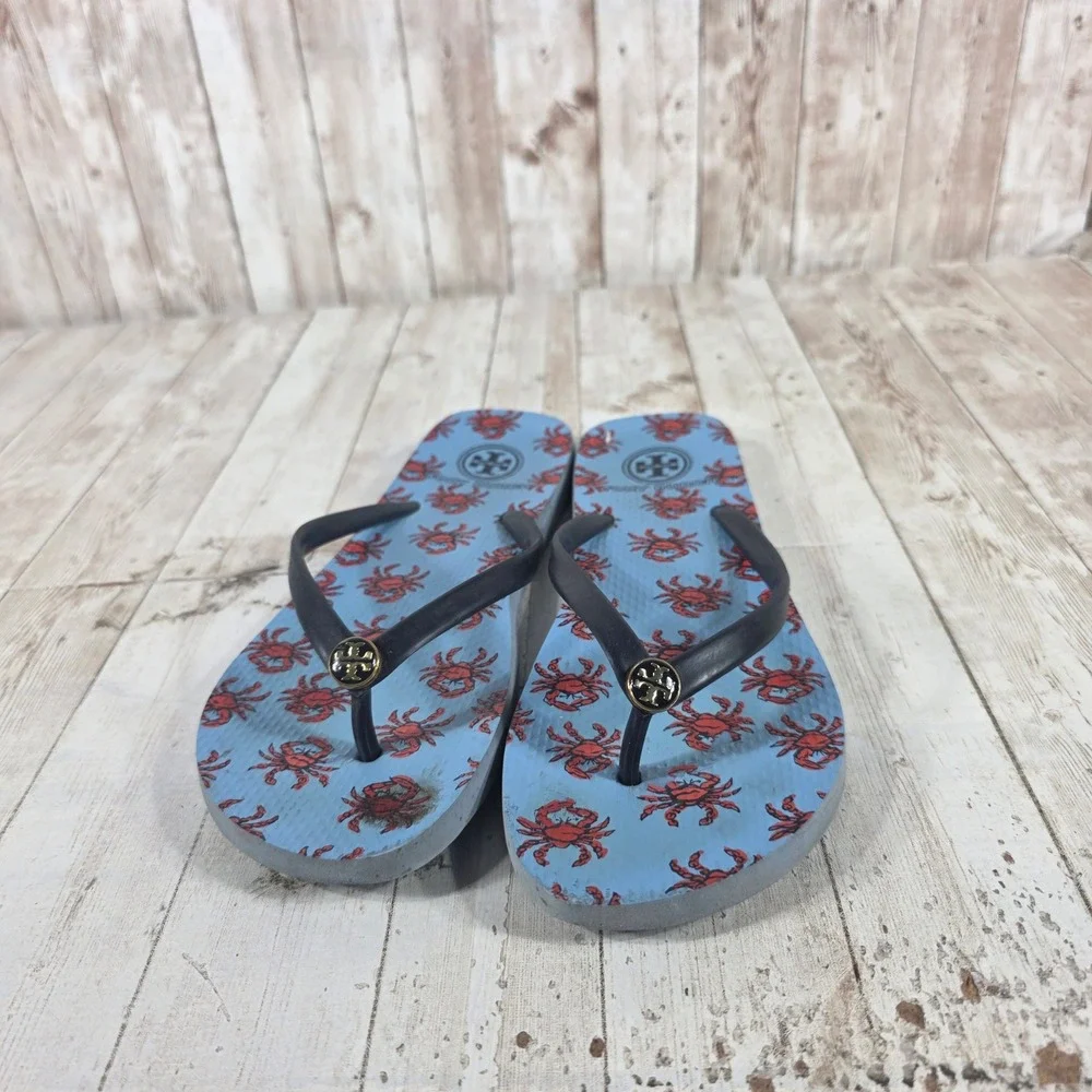 Tory Burch Womens‎ Crab Print Flip Flop Sandals Blue Red Gold Logo Thong Shoes